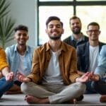 A young, diverse group of male entrepreneurs meditating in a modern office space